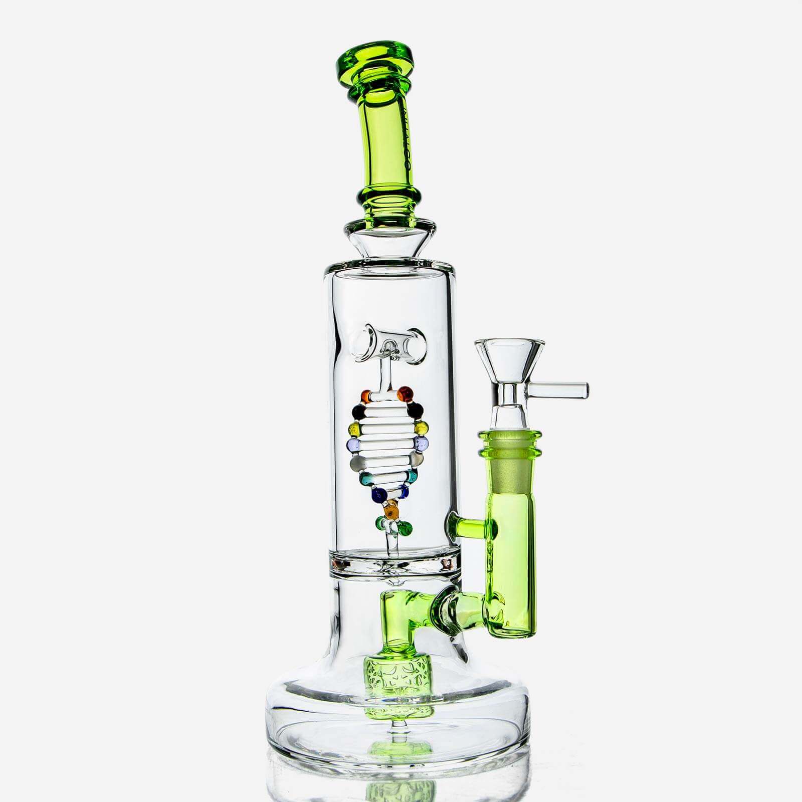 Glass beaker bong with green accents and advanced percolator, designed for optimal smoke diffusion and cooling.