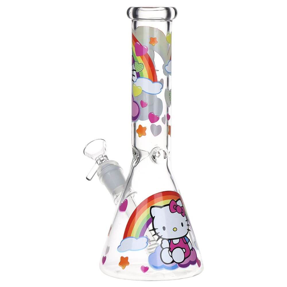 Greetings Feline Glass Beaker Water Pipe | 10" | 14mm F | Designs Vary featuring colorful Hello Kitty and rainbow design.
