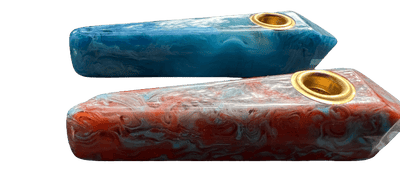 3.5” decorative acrylic gem style hand pipe in blue and red colors with gold accents.