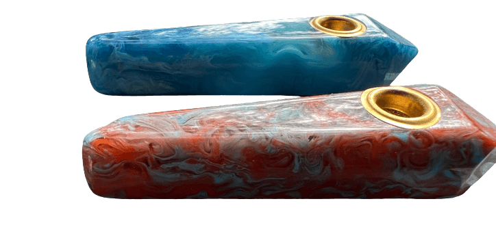 3.5” decorative acrylic gem style hand pipe in blue and red colors with gold accents.