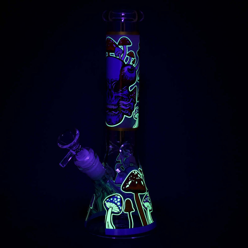 Monsters And Shrooms Glow Glass Beaker Water Pipe - 10" / 14mm F / Designs Vary