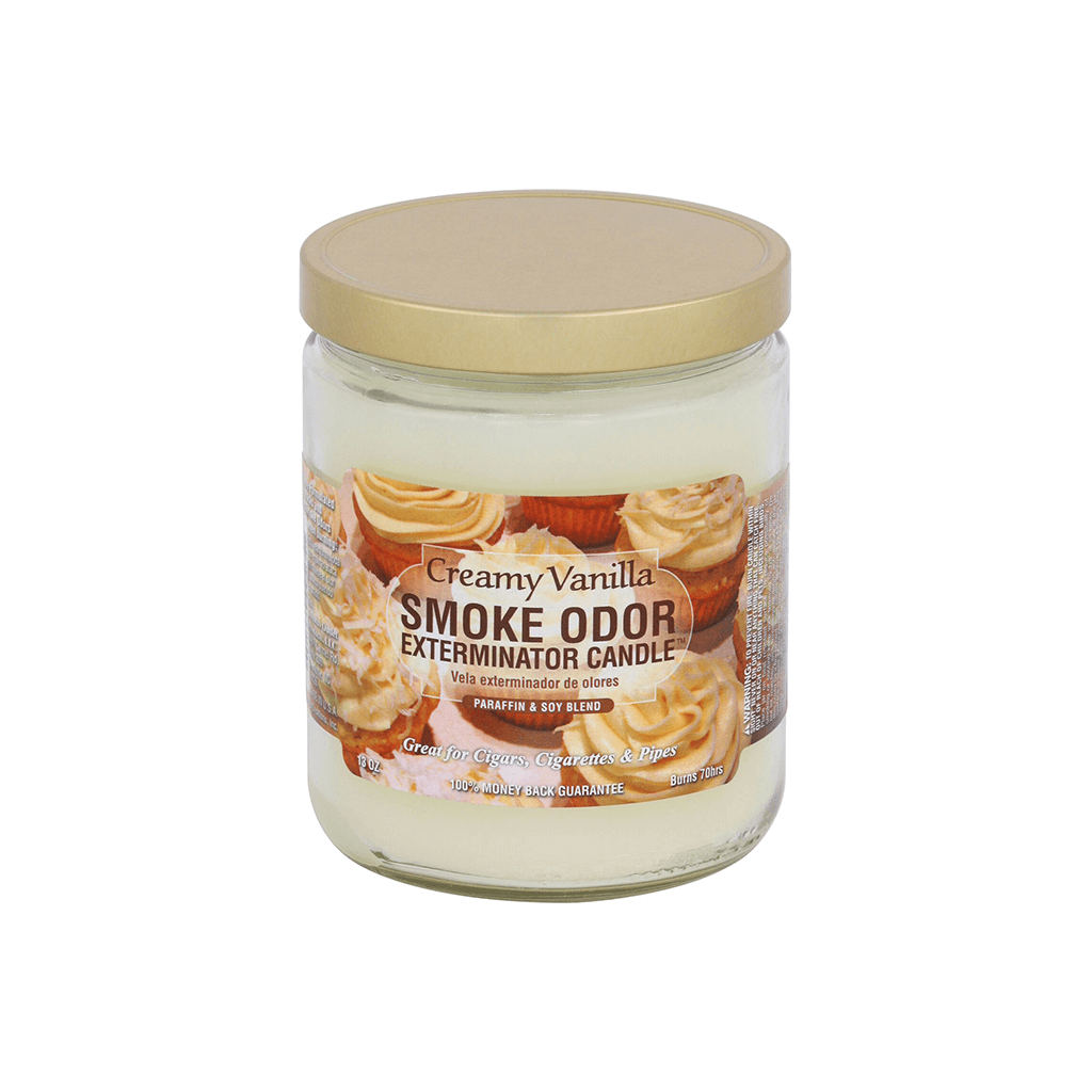 Creamy Vanilla Smoke Odor Exterminator candle in a jar, neutralizes smoke odors with a delightful fragrance.