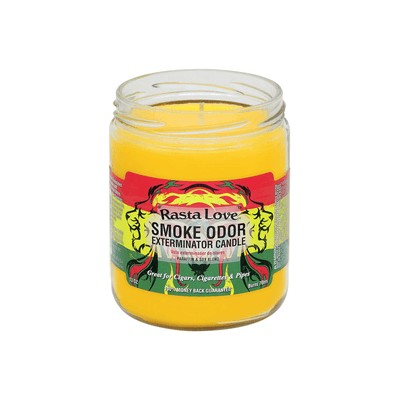 Smoke Odor Exterminator candle in jar, designed to eliminate smoke odors from cigars, cigarettes, and pipes, featuring vibrant packaging.