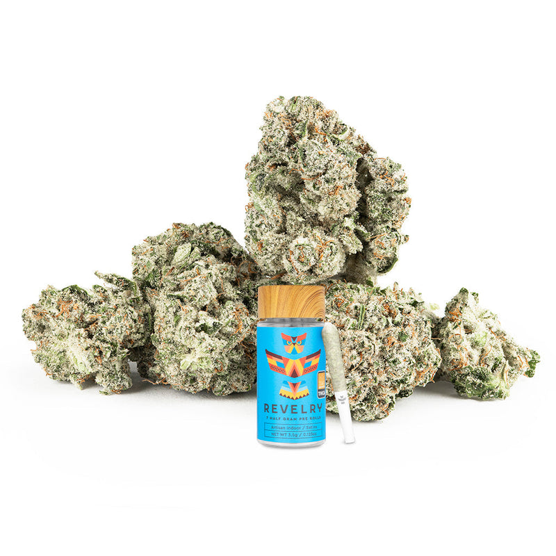 Blue Dream THCA Pre Rolls 7 Pack featuring premium cannabis flower from Revelry, promoting a classic sativa experience.