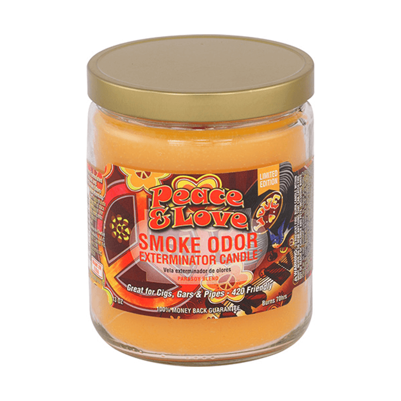 Peace & Love Smoke Odor Exterminator Candle in a jar with a gold lid, ideal for eliminating smoke odors.
