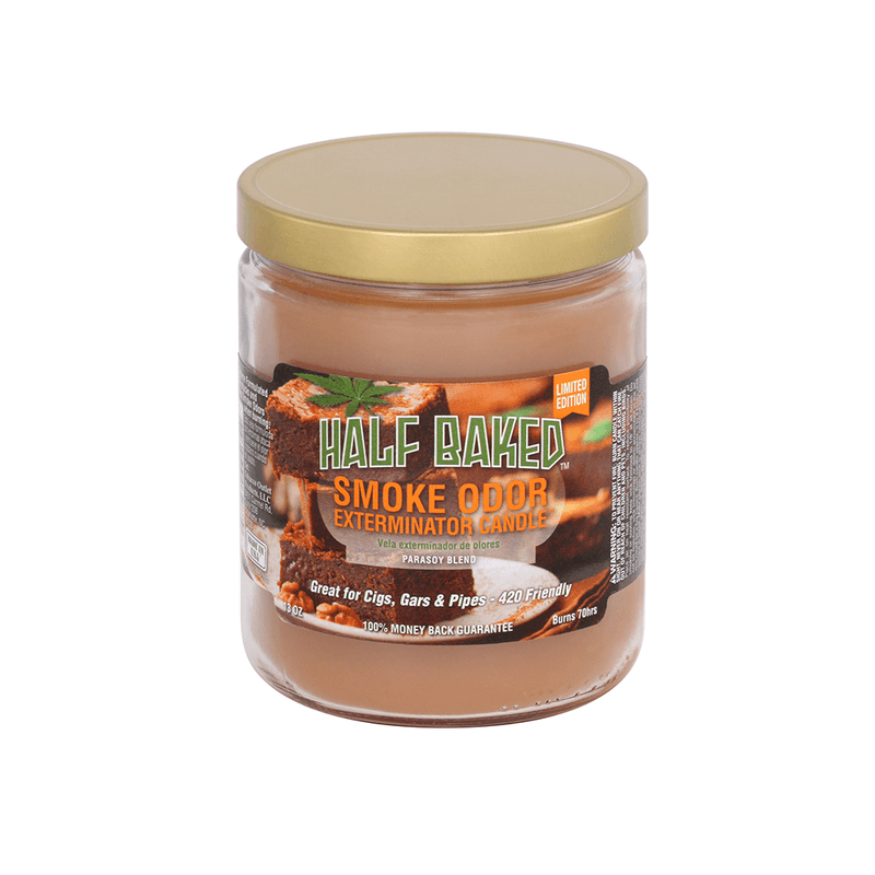 Half Baked Smoke Odor Exterminator candle, 13 oz jar for eliminating smoke odors from cigars and pipes.