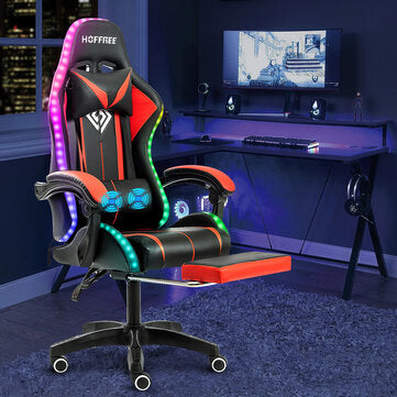 Hoffree Massage Gaming Chair Recliner Chair RGB LED Lights with Footrest