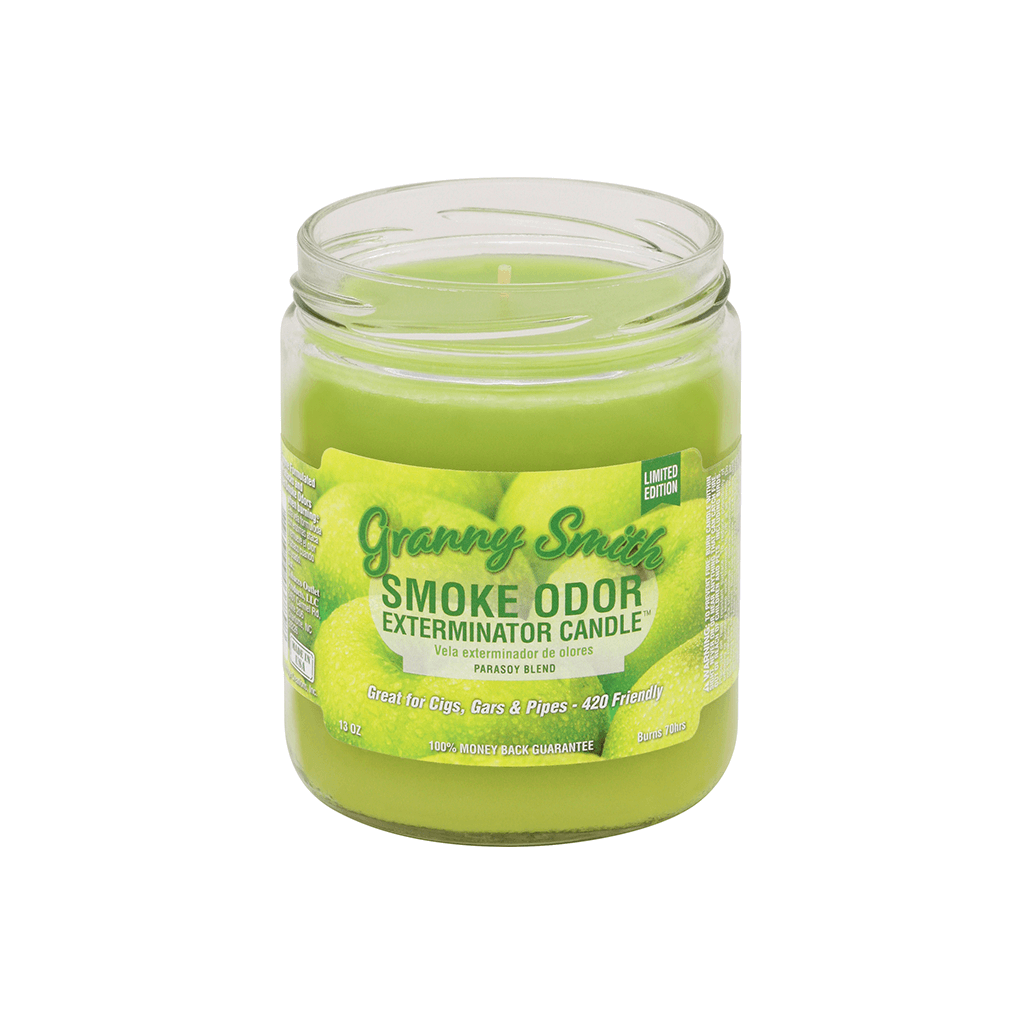 Granny Smith Smoke Odor Exterminator candle in green jar, designed to eliminate smoke odors and freshen spaces.