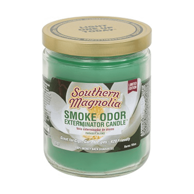 Southern Magnolia Smoke Odor Exterminator candle in a jar, effective against smoke odors from cigars, cigarettes, and pipes.