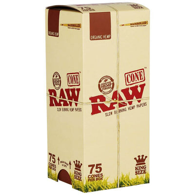 RAW Backrolled Organic Hemp Cones box, king size, 75 count, slow burning hemp papers for convenient smoking sessions.