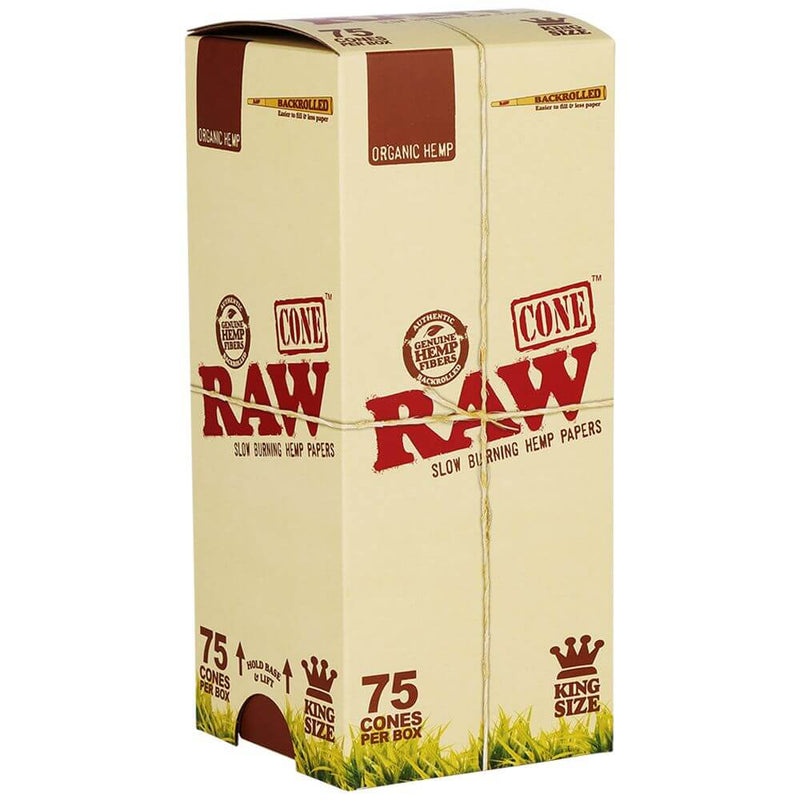 RAW Backrolled Organic Hemp Cones box, king size, 75 count, slow burning hemp papers for convenient smoking sessions.