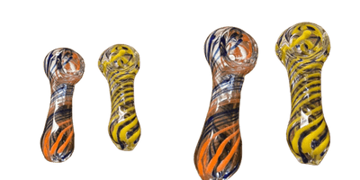 Colorful 2.5" handblown glass pipe with vibrant swirling designs in yellow, orange, and blue hues.