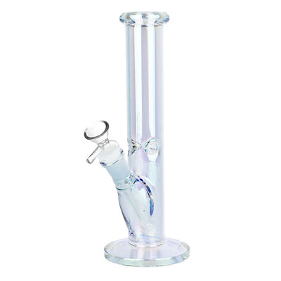 Infinite Splendor glass straight tube water pipe with metallic finish, 9.75 inches tall, featuring 3-pinch ice catcher and 14mm slide.