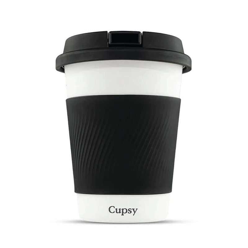 Puffco Cupsy Coffee Cup Water Pipe, 5" Black, discreet design, stainless steel with silicone lid, hidden bowl storage.