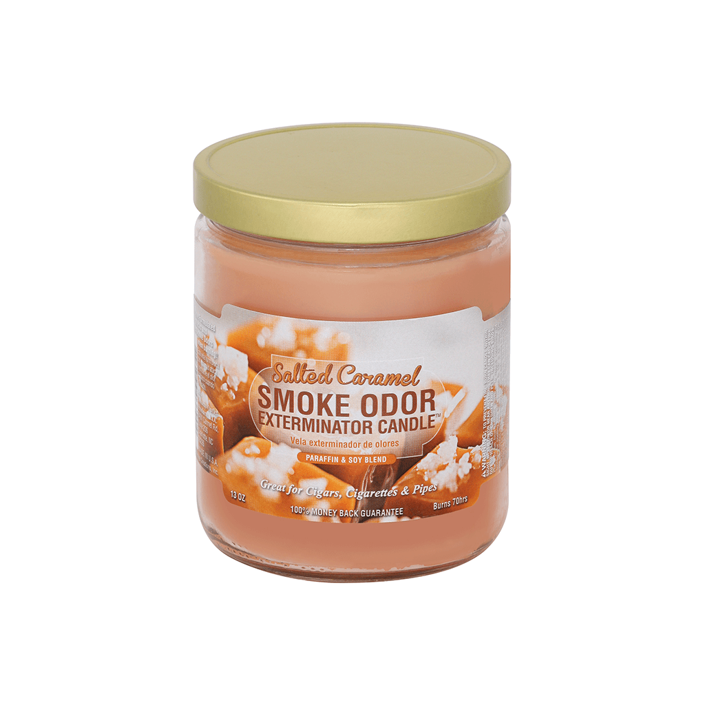Salted Caramel Smoke Odor Exterminator candle in a jar, designed to eliminate smoke odors from cigars, cigarettes, and pipes.