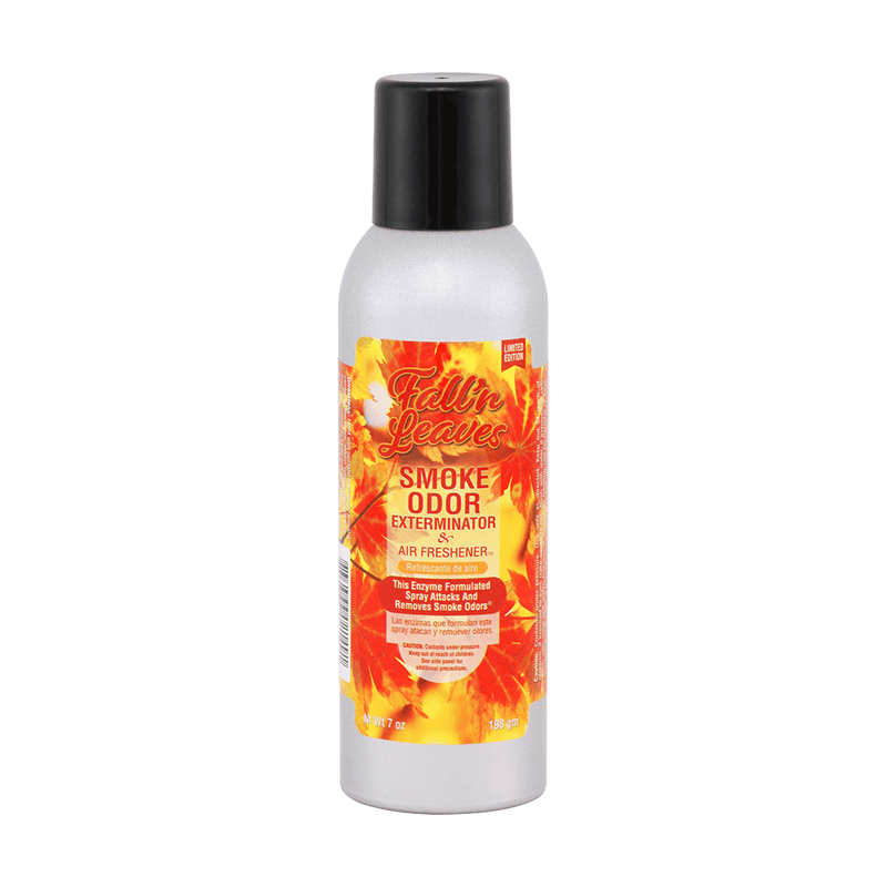 Smoke Odor Spray in a silver bottle with vibrant autumn leaf design, effective air freshener for eliminating odors.