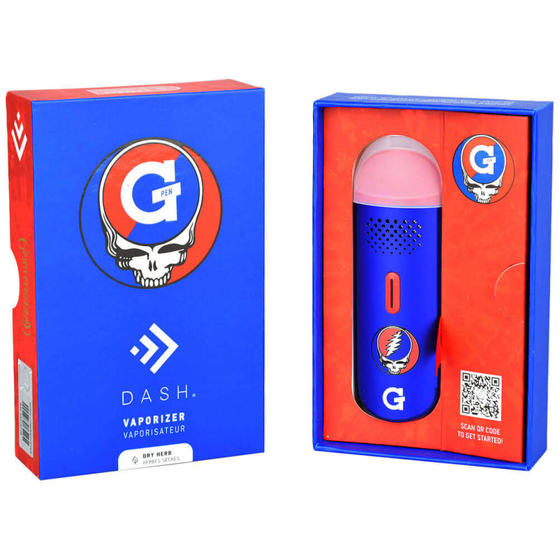 Grateful Dead x G Pen Dash Dry Herb Vaporizer in blue box, featuring 900mAh battery, LED display, and lightweight aluminum body.