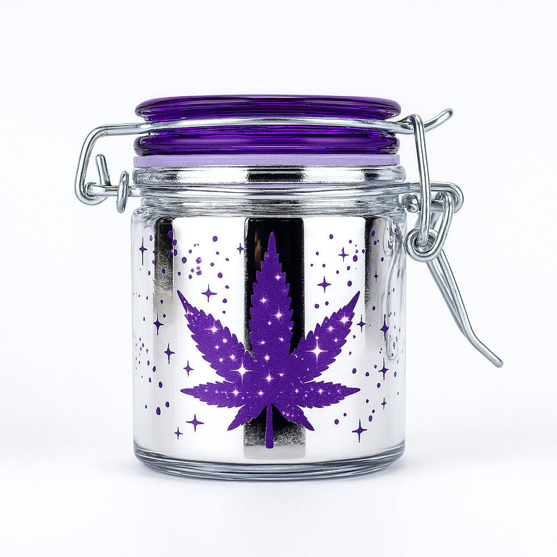 AIRTIGHT GLASS METALLIC SILVER/PURPLE LEAF GALAXY STORAGE JAR