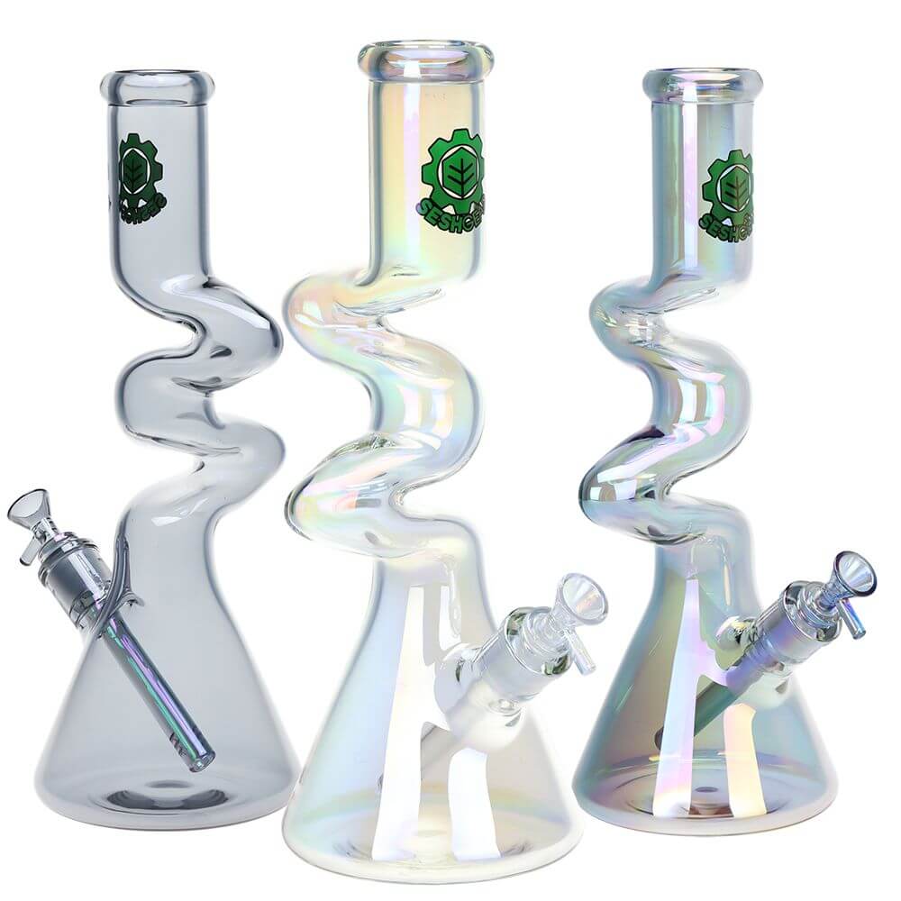 SeshGear Electro Zig Zag Beaker Glass Water Pipe - 14.75" / 14mm F / Colors Vary featuring three stylish designs.