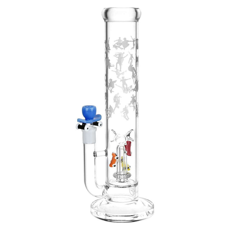 Pulsar Skate or Die 12.5" glass water pipe with skateboard downstem and UFO percolator featuring skate tricks decal design