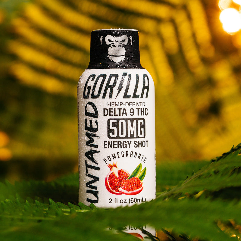 THC Energy Drink Shots - UNTAMED 50MG energy shot featuring pomegranate flavor in a vibrant setting.