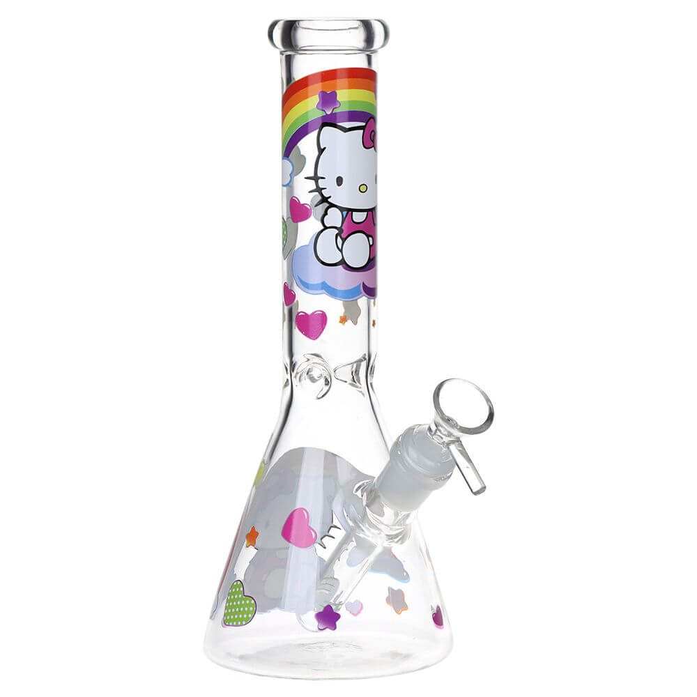 Greetings Feline Glass Beaker Water Pipe | 10" | 14mm F | Designs Vary featuring colorful illustrations and hearts.