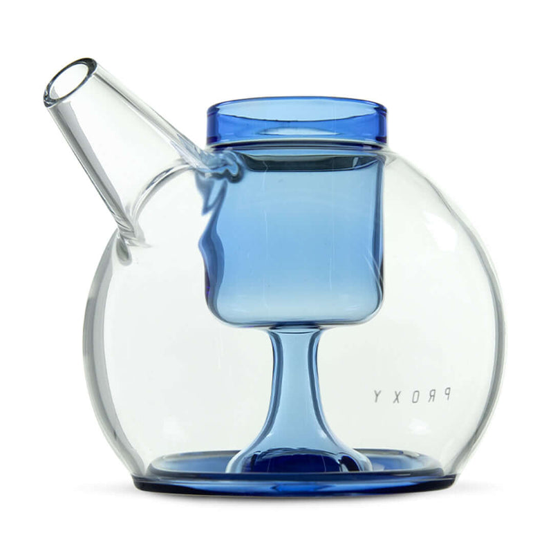 Puffco Proxy Ripple Bubbler with blue and clear glass design featuring ripple base and perc holes for smooth, splash-free use.