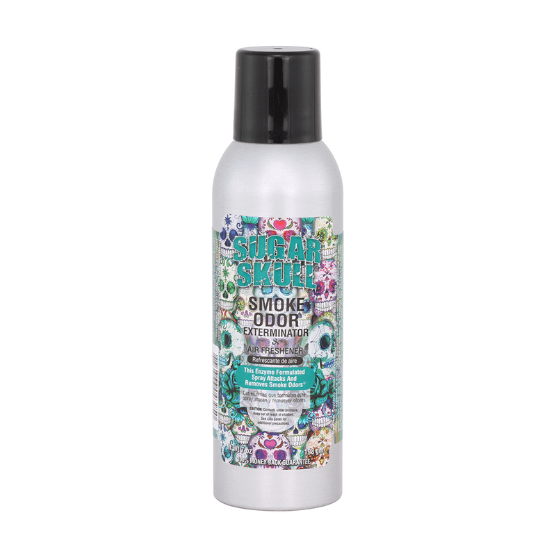 Sugar Skull Smoke Odor Spray bottle for eliminating smoke, pet, and household odors with a fast-acting enzyme formula.