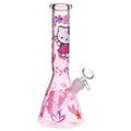 Greetings Feline Glass Beaker Water Pipe | 10" | 14mm F | Designs Vary featuring a playful pink design.