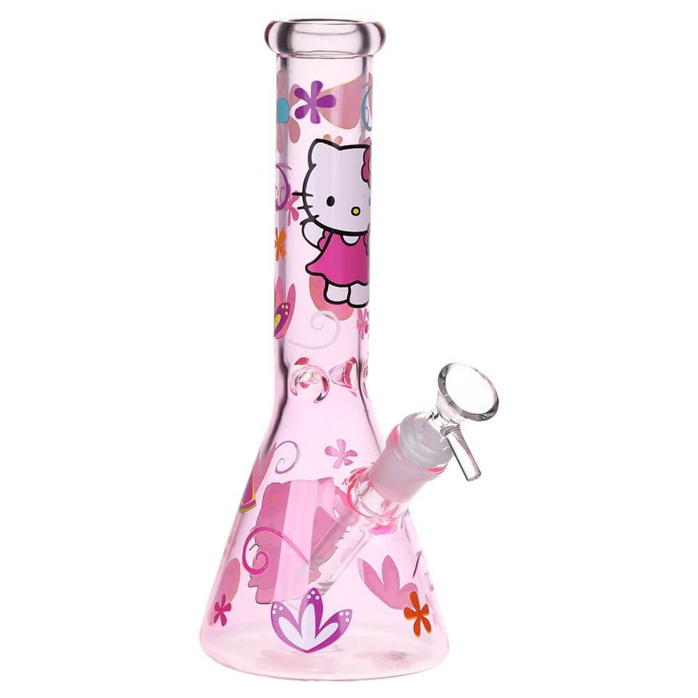Greetings Feline Glass Beaker Water Pipe | 10" | 14mm F | Designs Vary featuring a playful pink design.