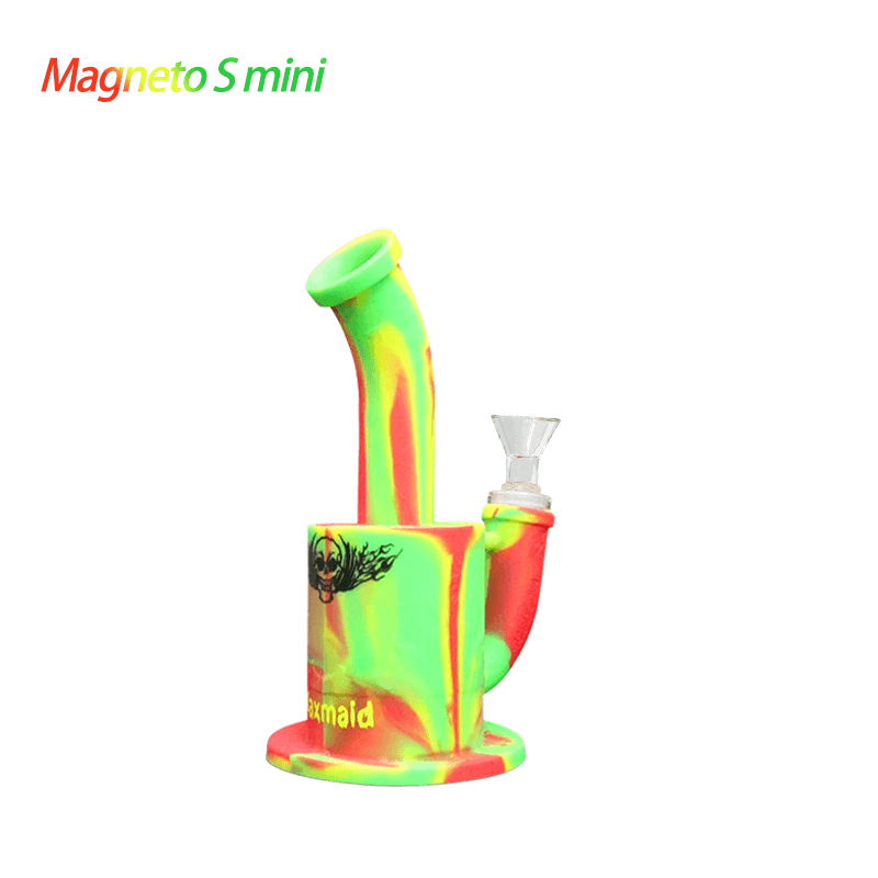 Waxmaid Magneto S Mini Silicone Water Pipe in yellow, red, and green with a built-in magnet for lighter and dab tools.