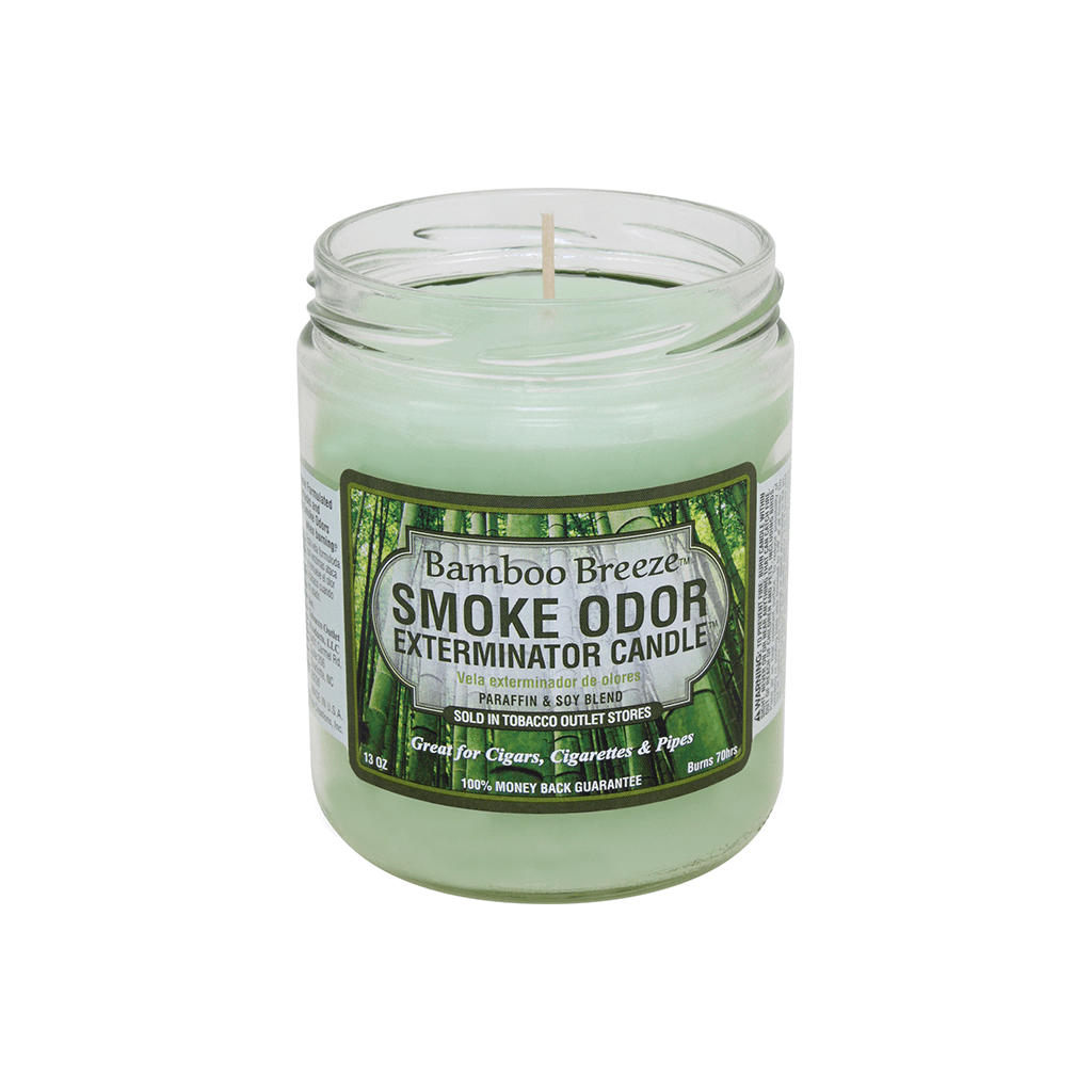 Bamboo Breeze Smoke Odor Exterminator Candle in glass jar, designed to neutralize smoke odors.