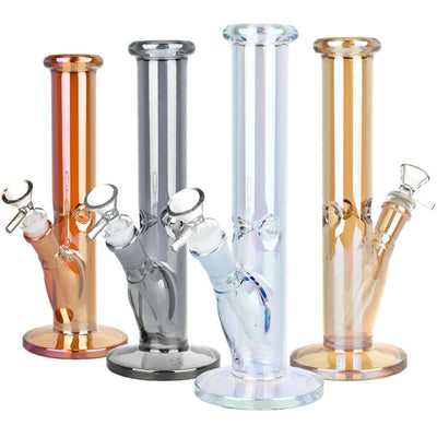 Infinite Splendor Glass Water Pipe in various colors, 9.75" tall, with 3-pinch ice catcher and metallic finish, perfect for elegant smoking.