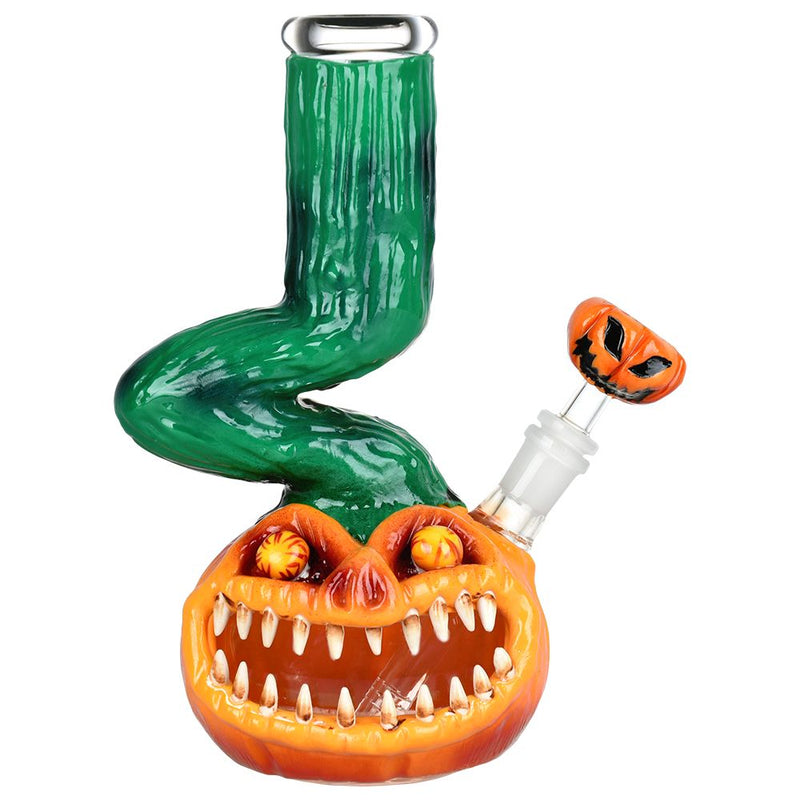 Bent Neck Scary Pumpkin Enamel On Glass Bong - 10" / 14mm F