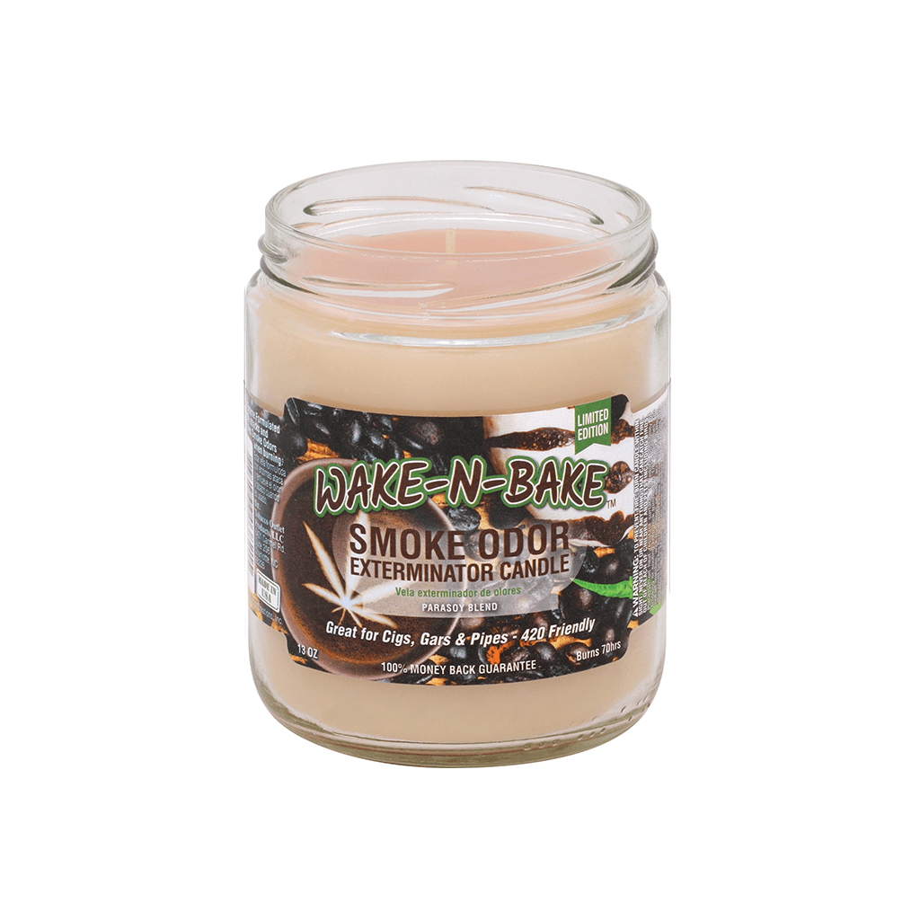 Wake-N-Bake Smoke Odor Exterminator Candle in glass jar, effective for eliminating smoke odors with delightful fragrances.