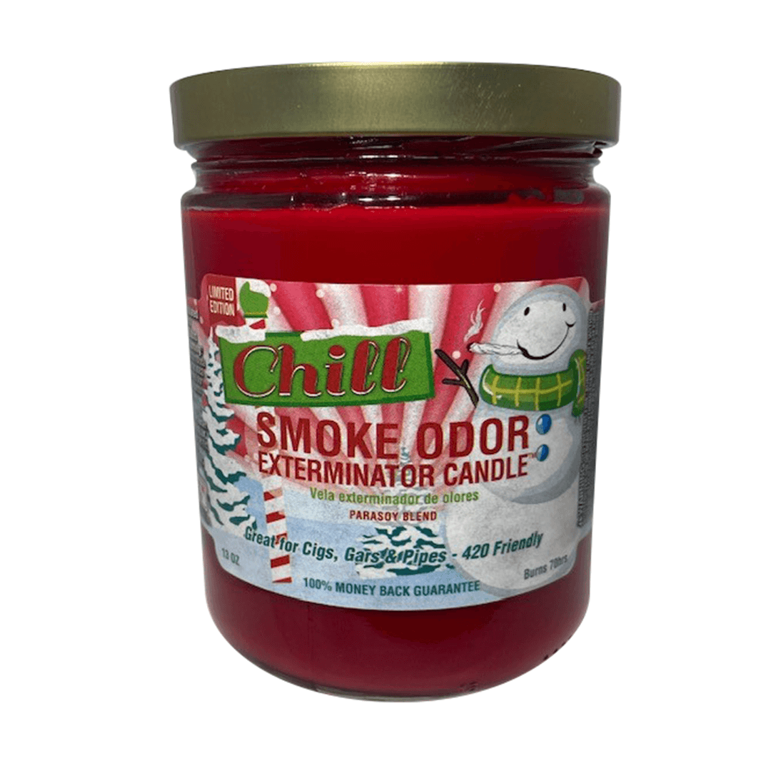 Chill Smoke Odor Exterminator Candle in red jar, designed to neutralize smoke odors from cigars and pipes.