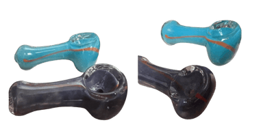 2.5" small striped frit design glass hand pipes, one blue and one purple, varying colors for legal tobacco use only.