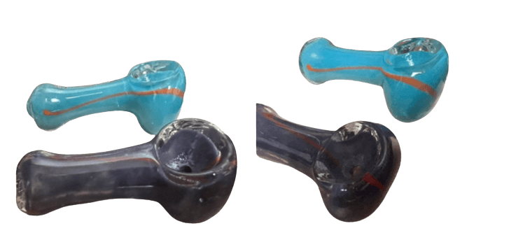 2.5" small striped frit design glass hand pipes, one blue and one purple, varying colors for legal tobacco use only.
