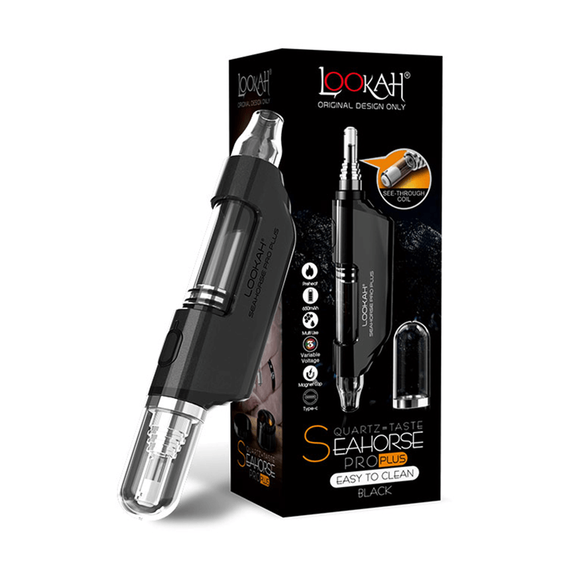 Lookah Seahorse Pro Plus black vape pen with packaging showcasing quartz taste and easy cleaning features.