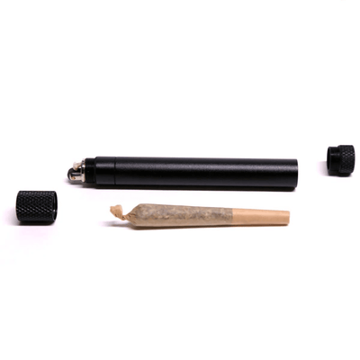 Smoke Honest StashLight doob tube with a refillable lighter and a pre-rolled joint, perfect for outdoor adventures.