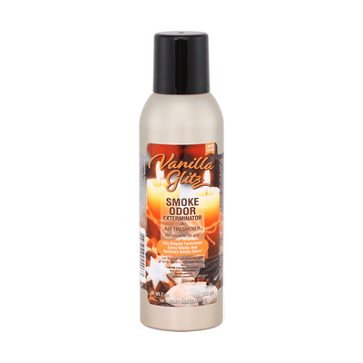 Vanilla Glitz Smoke Odor Exterminator air freshener bottle, designed to eliminate smoke and unwanted odors quickly.