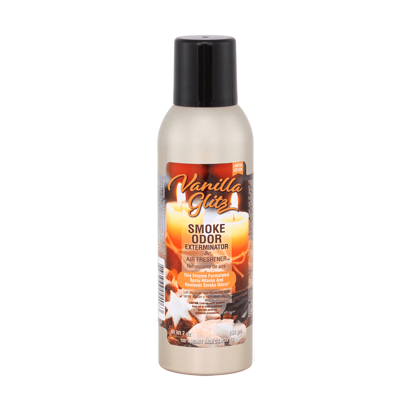 Vanilla Glitz Smoke Odor Exterminator air freshener bottle, designed to eliminate smoke and unwanted odors quickly.