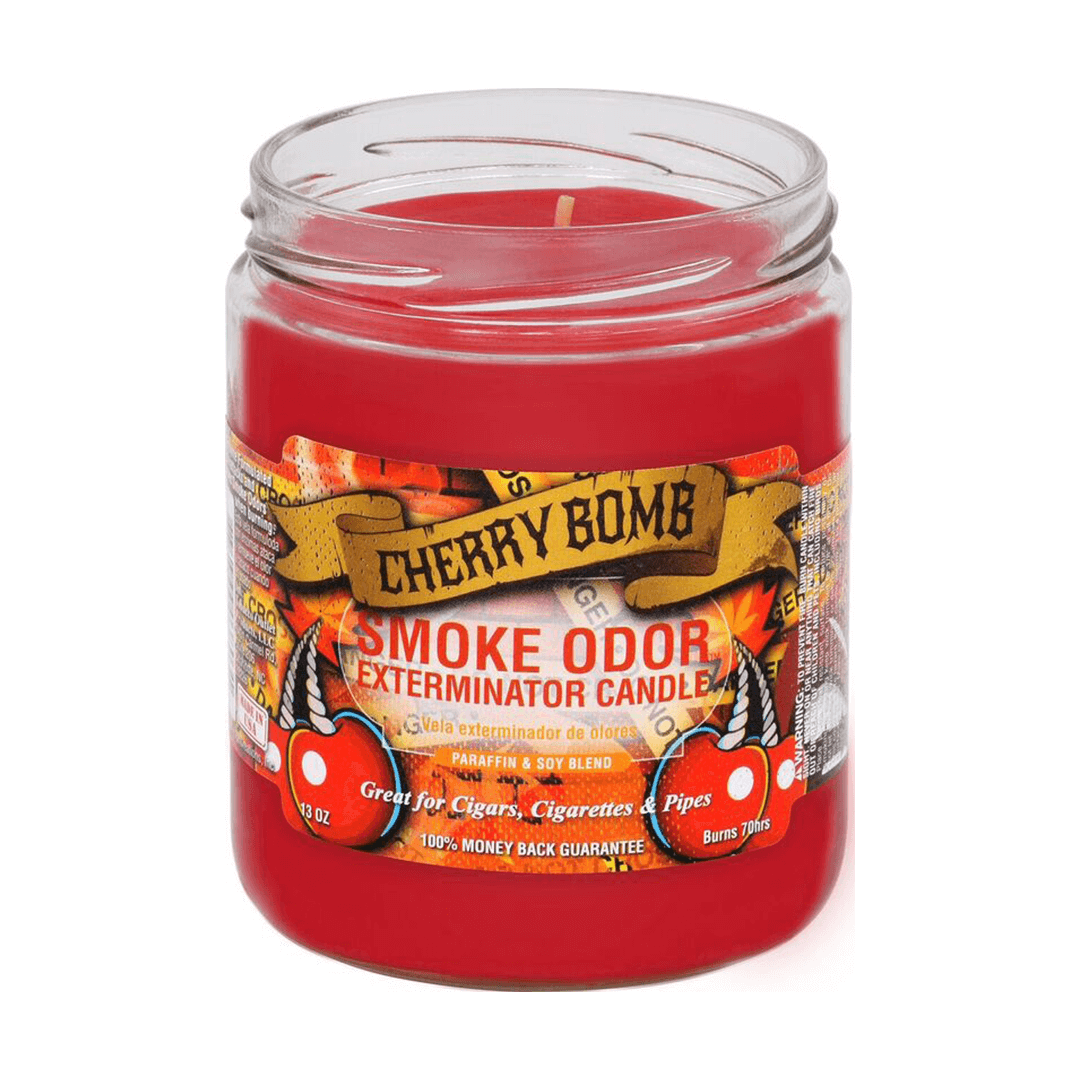 Cherry Bomb Smoke Odor Exterminator Candle, 13 oz, paraffin/soy blend, eliminates smoke odors and adds fragrance.