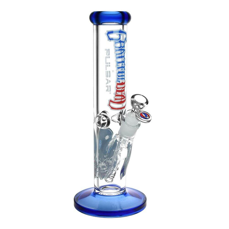 Grateful Dead x Pulsar Straight Tube Glass Water Pipe with Space Your Face design, 11.75 inches, blue accents, and logo.