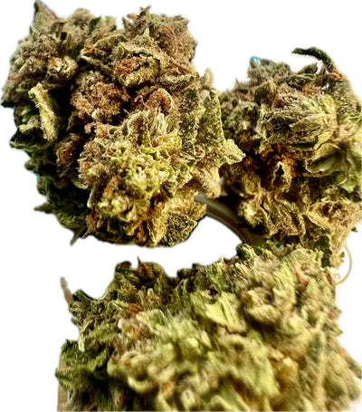 Close-up image of dense, resinous Ripkitty Gelato #33 THCA hemp flowers with vibrant green and purple hues.