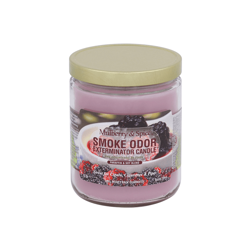Smoke Odor Exterminator candle in jar, designed to eliminate smoke odors with a pleasant fragrance.