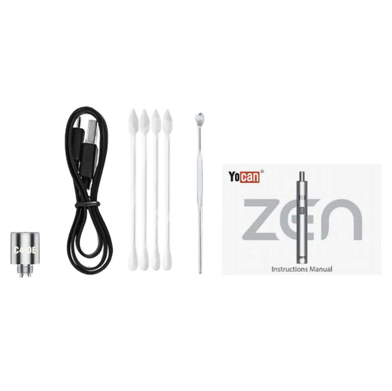 Accessories and components of the Yocan Zen Wax Vaporizer including C4-DE coil, charging cable, cleaning tools, and instruction manual.