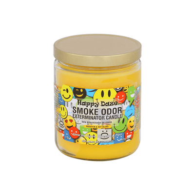 Smoke Odor Exterminator candle in a jar with colorful labels, designed to neutralize smoke odors and fill spaces with fragrance.