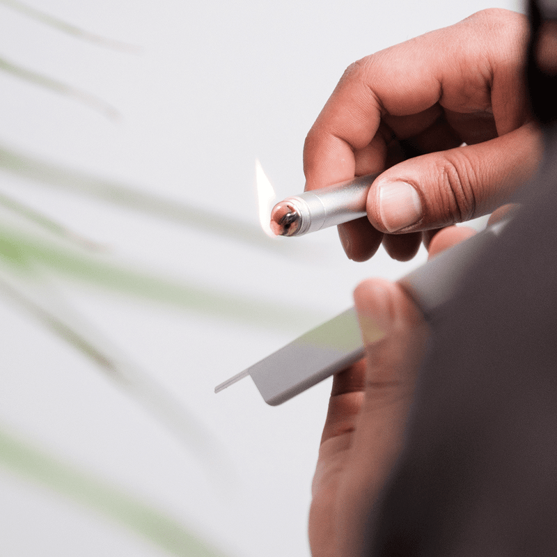 Person using a refillable lighter to ignite a joint with a doob tube in hand, surrounded by plant leaves.