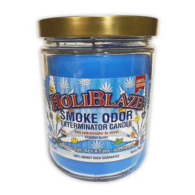 HoliBlaze Smoke Odor Exterminator Candle in glass jar, neutralizes smoke odors from cigars, cigarettes, and pipes.